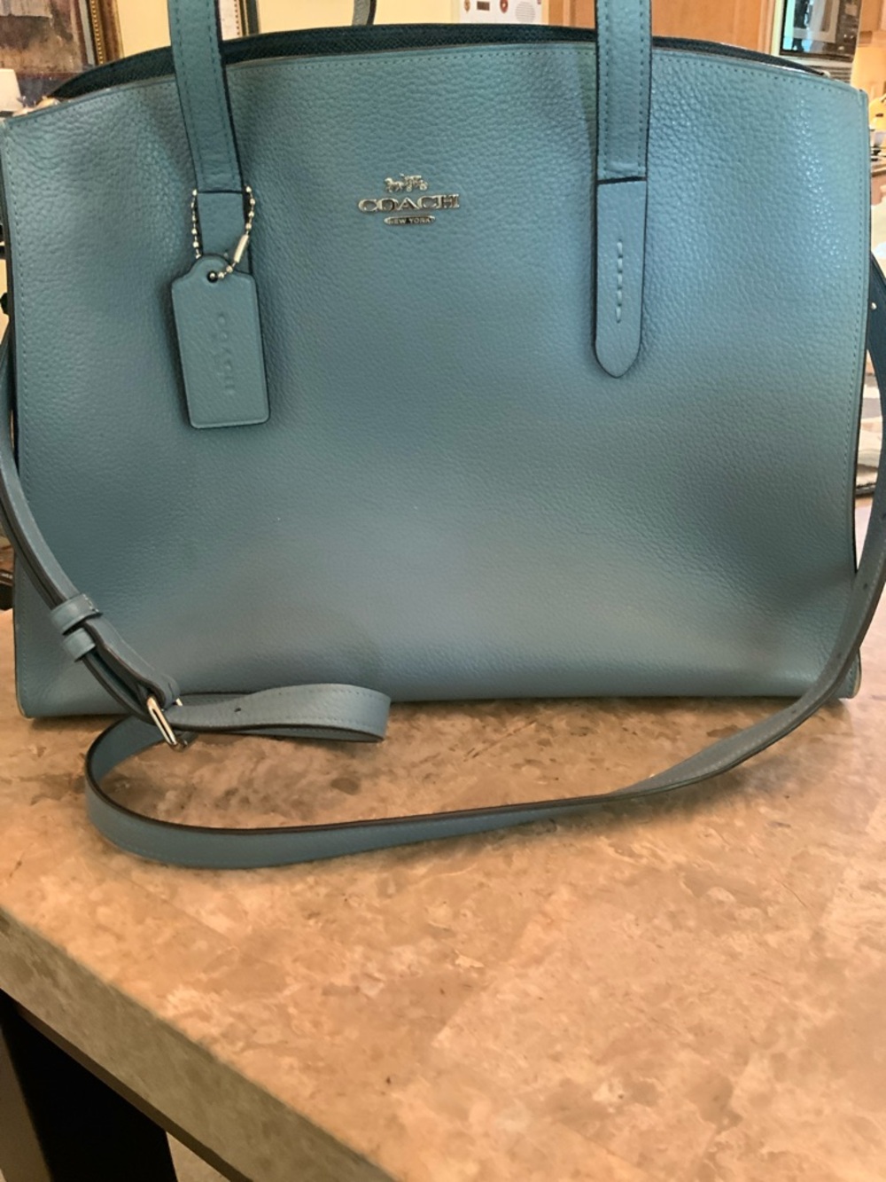 Coach Charlie Pale Blue Pebbled Leather Tote with Removable Strap - Picture 10 of 16